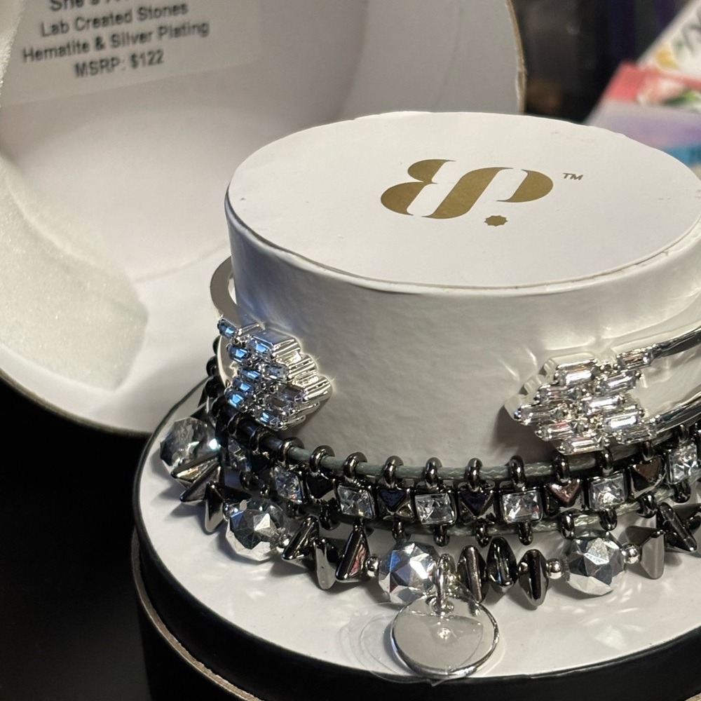 Silver and Black Chunky Bracelet with Crystal Accents